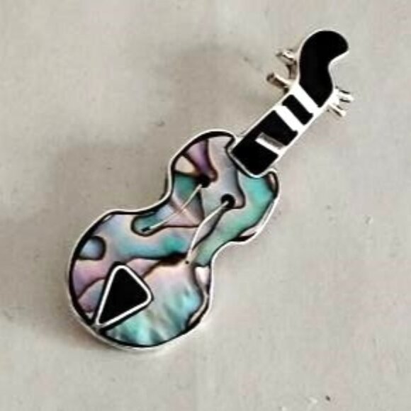 1970s Vintage Abalone Guitar Brooch, Alpaca Mexico - Picture 1 of 3